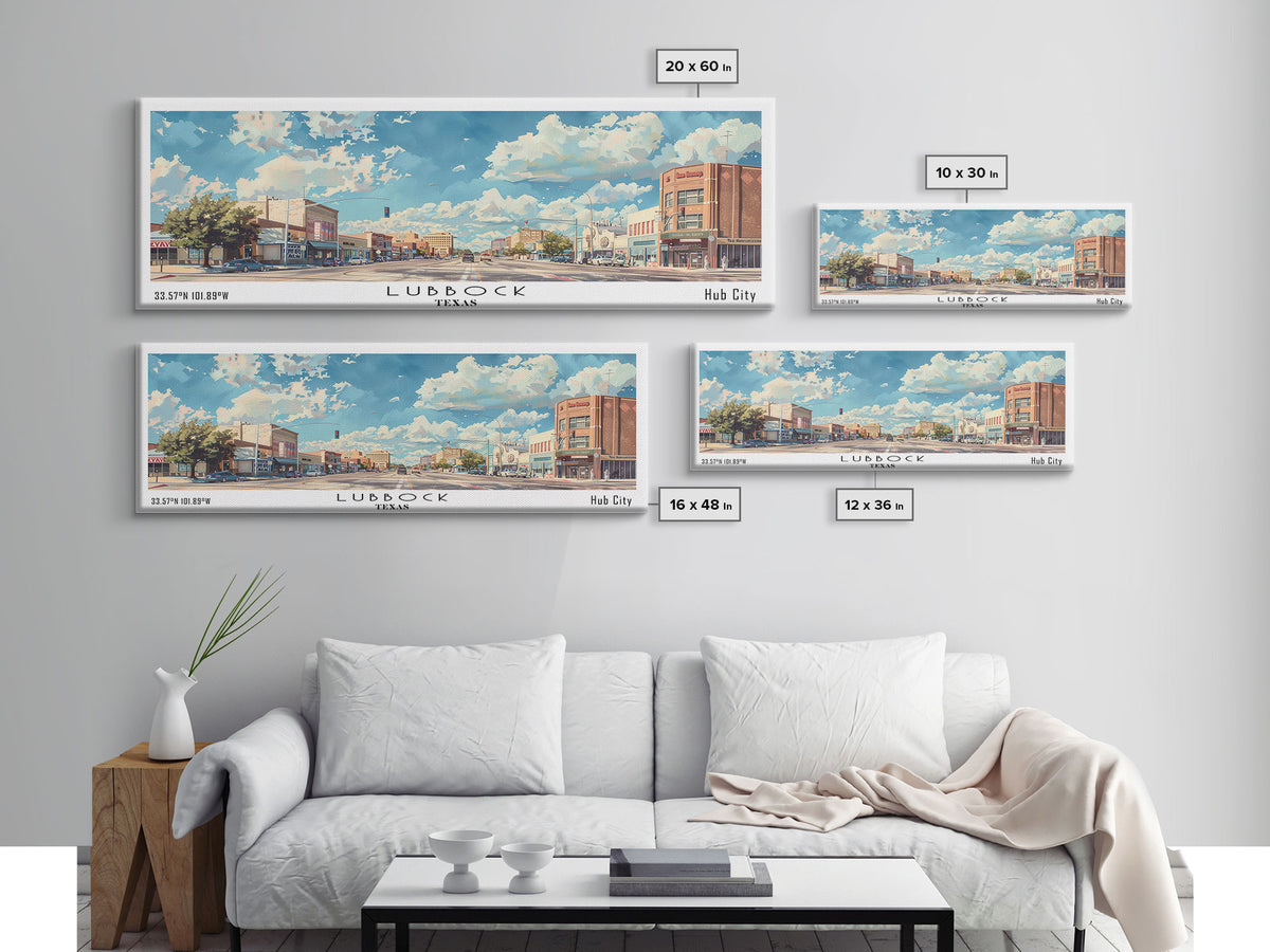 Lubbock Texas Panoramic Cityscape Wall Art, Watercolor Framed Canvas Print, Urban Painting for Living Room, Office Decor, Travel Poster