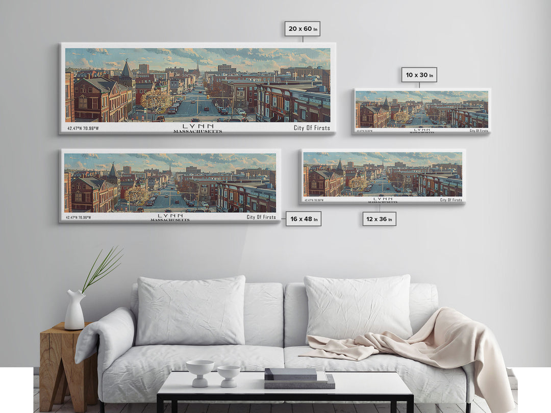 Lynn Massachusetts Panoramic Cityscape Wall Art, Watercolor Framed Canvas Print, Urban Painting for Living Room, Office Decor, Travel Poster