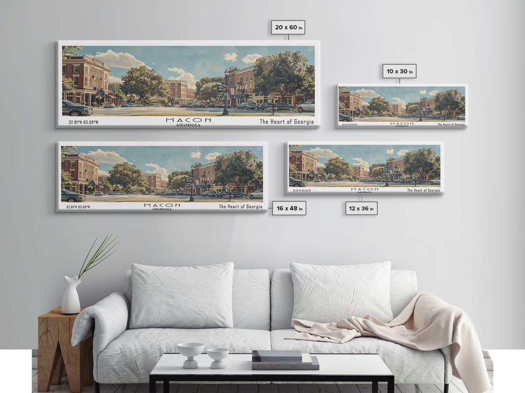 Macon Georgia Panoramic Watercolor Cityscape, Framed Canvas Print for Living Room, Office Wall Art, Urban Decor, Travel Poster