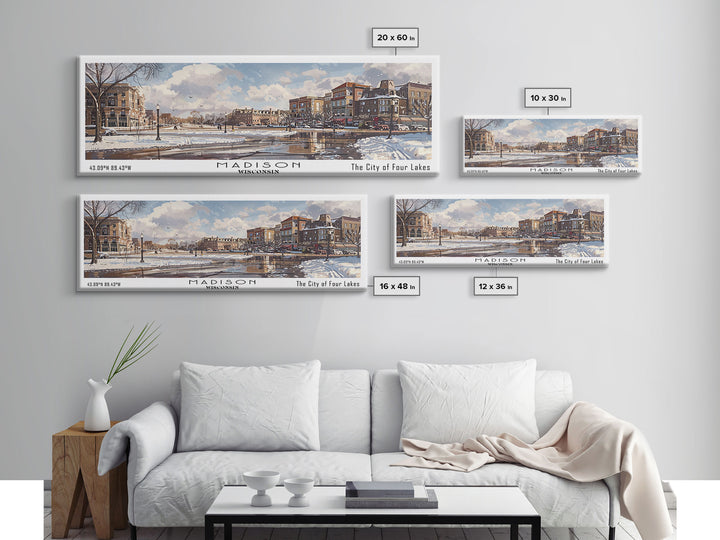 Madison Wisconsin Panoramic Watercolor Cityscape, Framed Canvas Print for Living Room, Office Wall Art, Urban Decor, Travel Poster