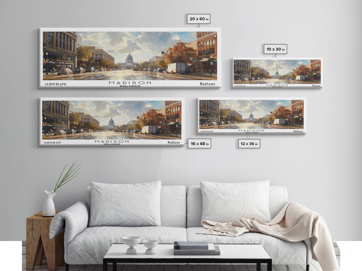 Madison Wisconsin Panoramic Framed Canvas Print, Stunning Watercolor Painting, City Wall Art, Office Decor, Living Room Art, Travel Poster