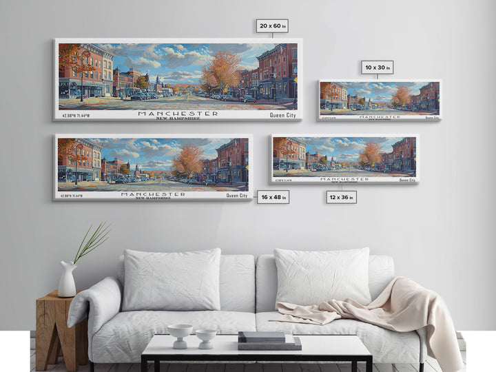 Manchester New Hampshire Panoramic Framed Canvas Print, Beautiful Watercolor Painting, City Wall Art, Office Decor, Living Room Art