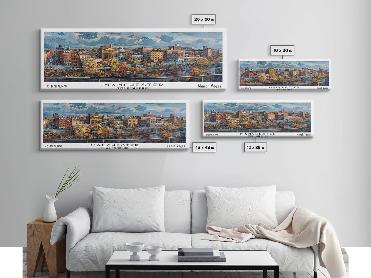 Manchester New Hampshire Panoramic Framed Canvas Print, Stunning Watercolor Painting, City Wall Art, Office Decor, Living Room Art
