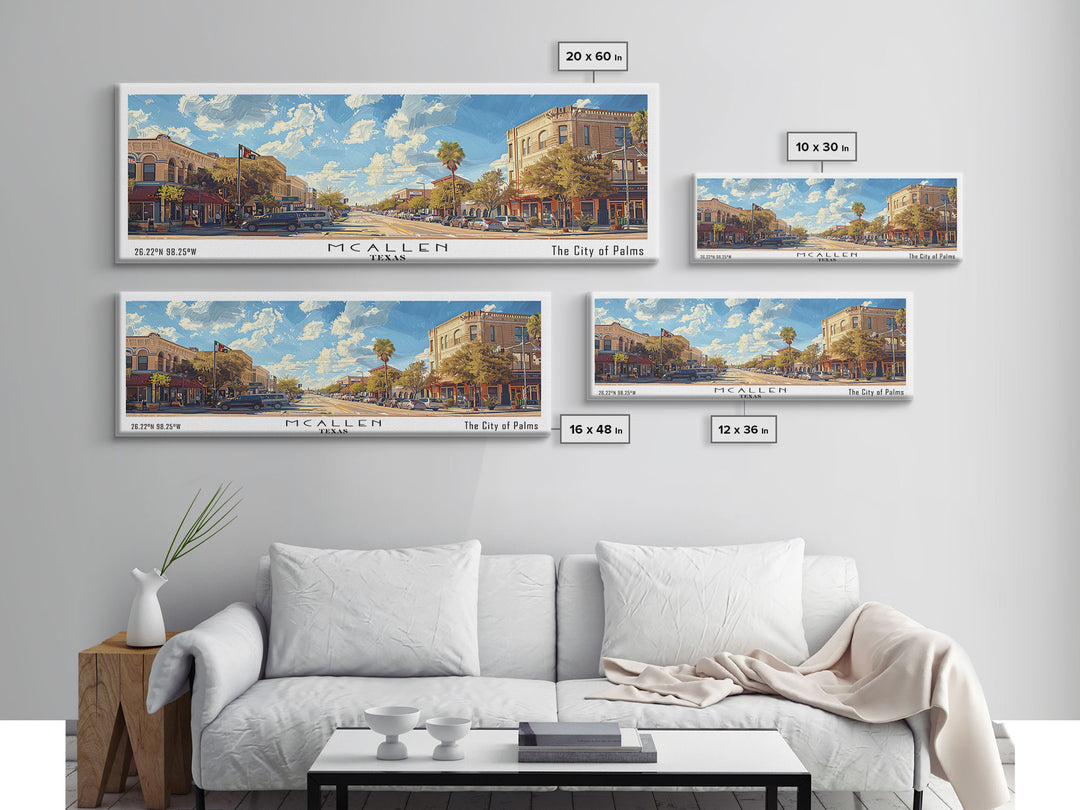 McAllen Texas Panoramic Framed Canvas Print, Watercolor Cityscape, Office Wall Art, Living Room Decor, Travel Poster, City Art, Home Decor