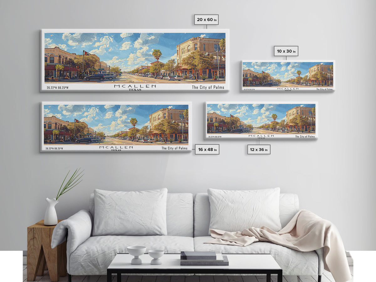 McAllen Texas Panoramic Framed Canvas Print, Watercolor Cityscape, Office Wall Art, Living Room Decor, Travel Poster, City Art, Home Decor