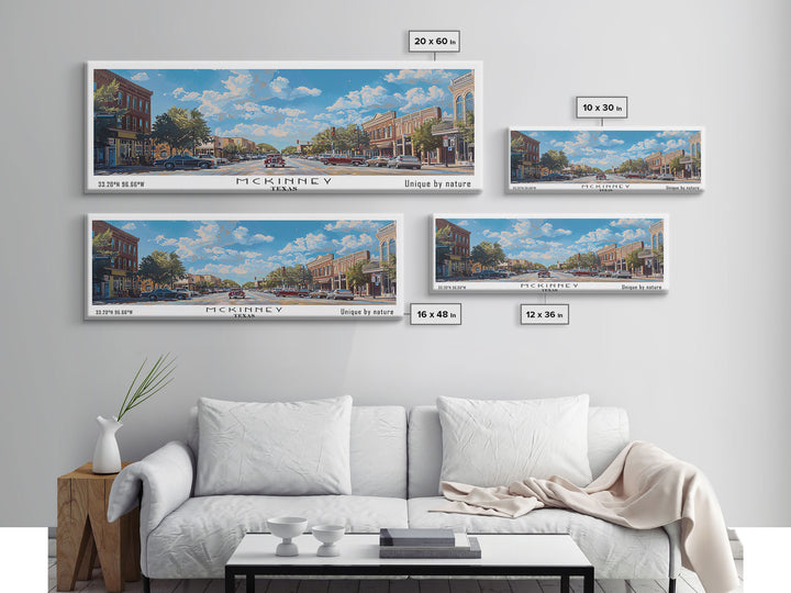 McKinney Texas Panoramic Framed Canvas Print, Beautiful Watercolor Art, Perfect Office Wall Decor, Living Room Art, Travel Poster, City Print