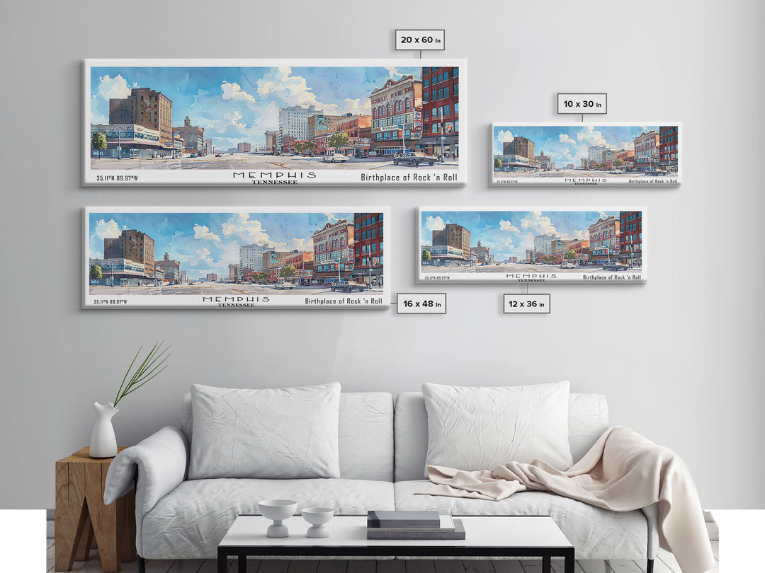 Memphis Tennessee Panoramic Framed Canvas Print, Stunning Watercolor City Art, Office Wall Decor, Travel Poster, Living Room Decor, Home Art
