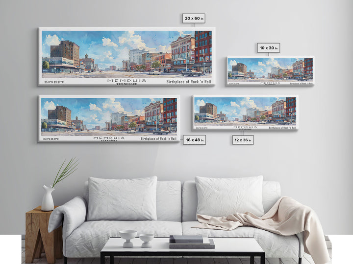 Memphis Tennessee Panoramic Framed Canvas Print, Stunning Watercolor City Art, Office Wall Decor, Travel Poster, Living Room Decor, Home Art