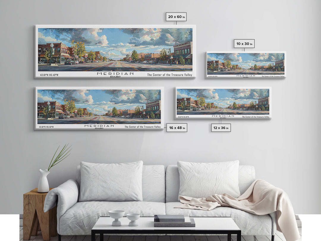 Meridian Idaho Panoramic Framed Canvas Print, Stunning Watercolor Art, Office Wall Decor, Travel Poster, Living Room Decor, City Print
