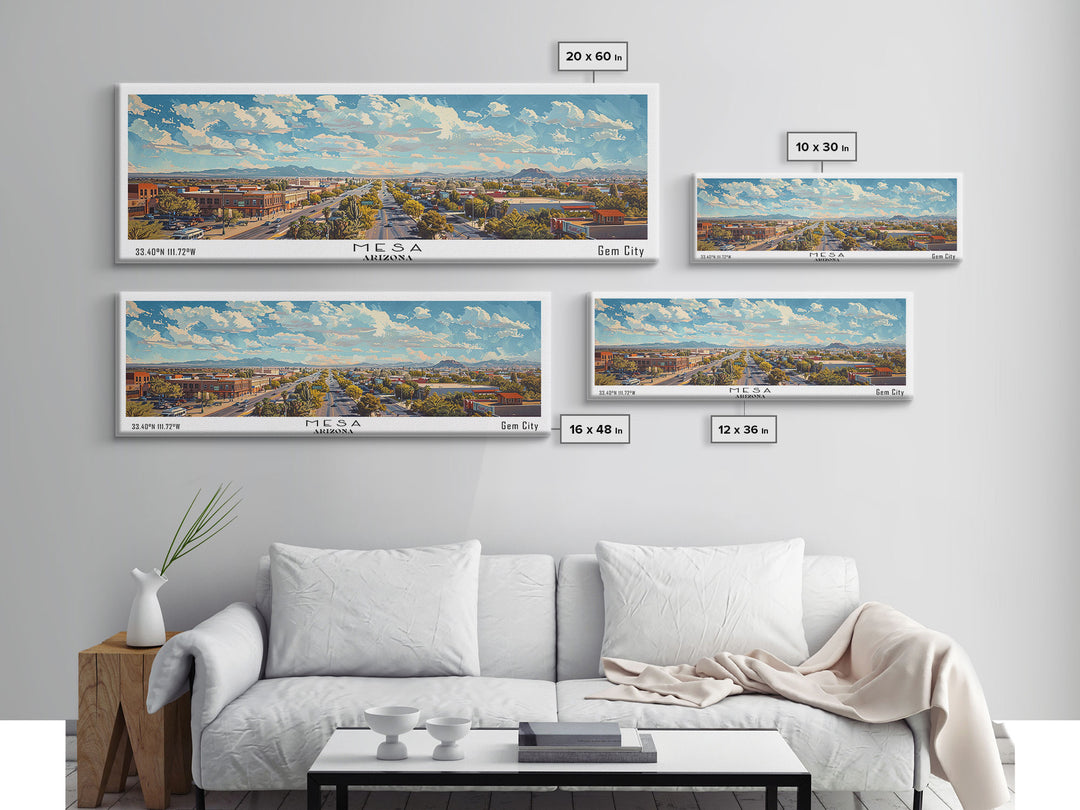 Mesa Arizona Panoramic Framed Canvas Print, Watercolor Cityscape, Perfect Office Wall Art, Travel Poster, Living Room Decor, City Wall Art
