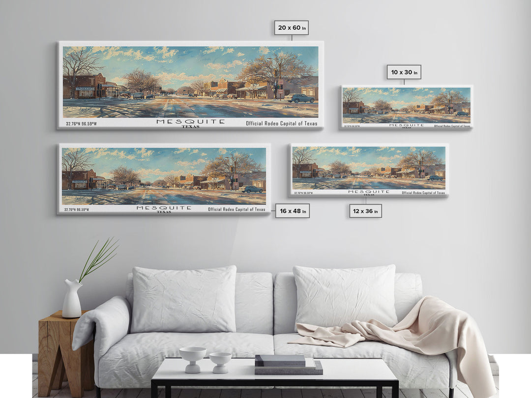Mesquite Texas Panoramic Framed Canvas Print, Beautiful Watercolor Painting, Office Wall Art, Travel Poster, Living Room Decor, City Art