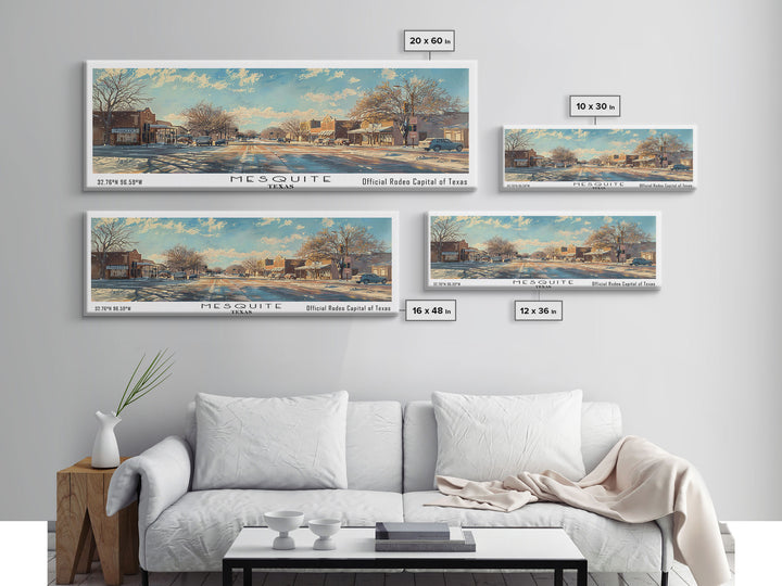 Mesquite Texas Panoramic Framed Canvas Print, Beautiful Watercolor Painting, Office Wall Art, Travel Poster, Living Room Decor, City Art