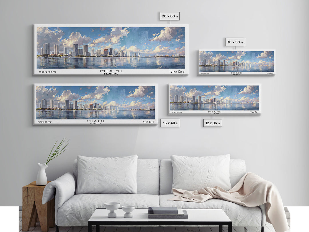 Miami Florida Panoramic Framed Canvas Print, Stunning Watercolor Cityscape, Office Wall Art, Travel Poster, Living Room Decor, City Art