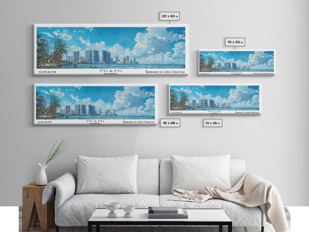 Miami Florida Panoramic Framed Canvas Print, Watercolor Painting, Office Wall Decor, Travel Poster, Home Decor, City Art, Gift Idea