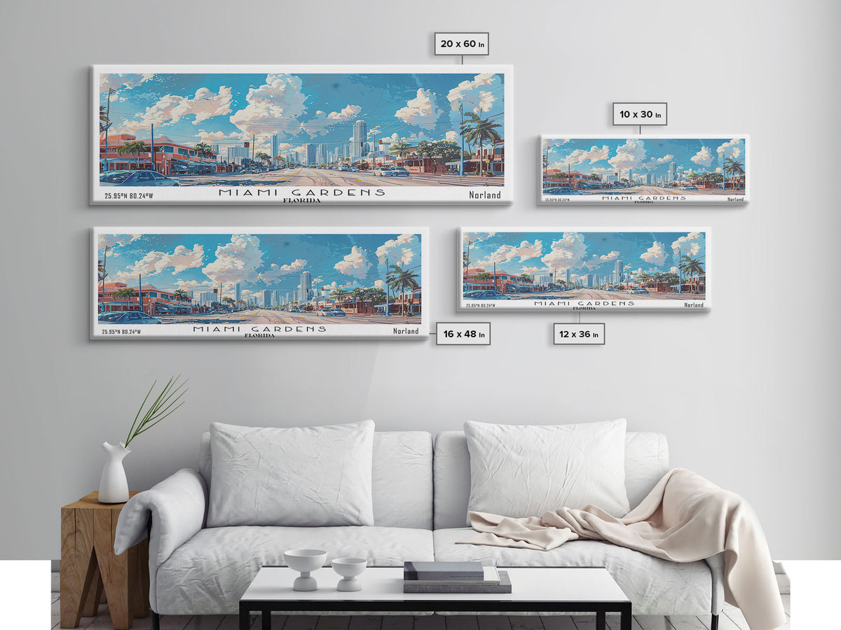Miami Gardens Florida Panoramic Framed Canvas Print, Beautiful Watercolor City Art, Office Wall Decor, Travel Poster, Living Room Decor