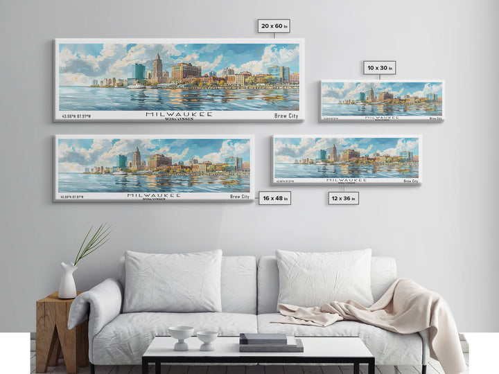 Milwaukee Wisconsin Panoramic Framed Canvas Print, Watercolor Cityscape, Perfect Office Wall Art, Travel Poster, Living Room Decor