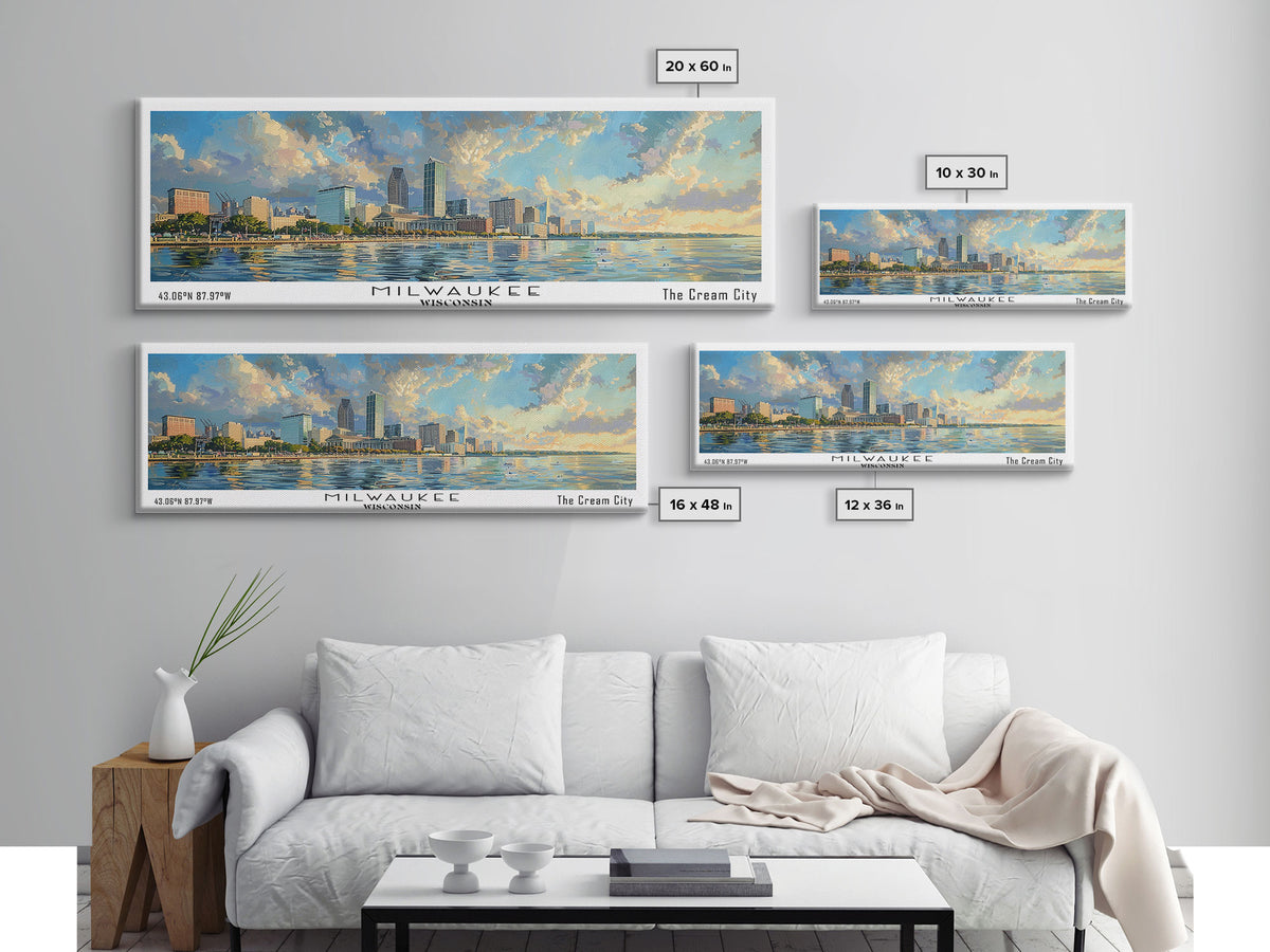 Milwaukee Wisconsin Panoramic Framed Canvas Print, Beautiful Watercolor Painting, Office Wall Art, Travel Poster, Home Decor, City Art