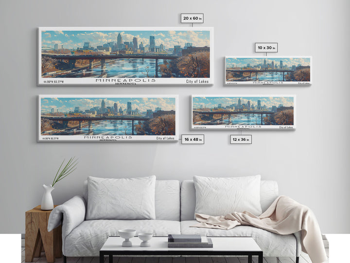 Minneapolis Minnesota Panoramic Framed Canvas Print, Stunning Watercolor City Art, Office Wall Decor, Travel Poster, Living Room Decor