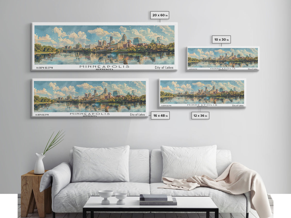 Minneapolis Minnesota Panoramic Framed Canvas Print, Watercolor Painting, Office Wall Art, Travel Poster, Home Decor, City Art