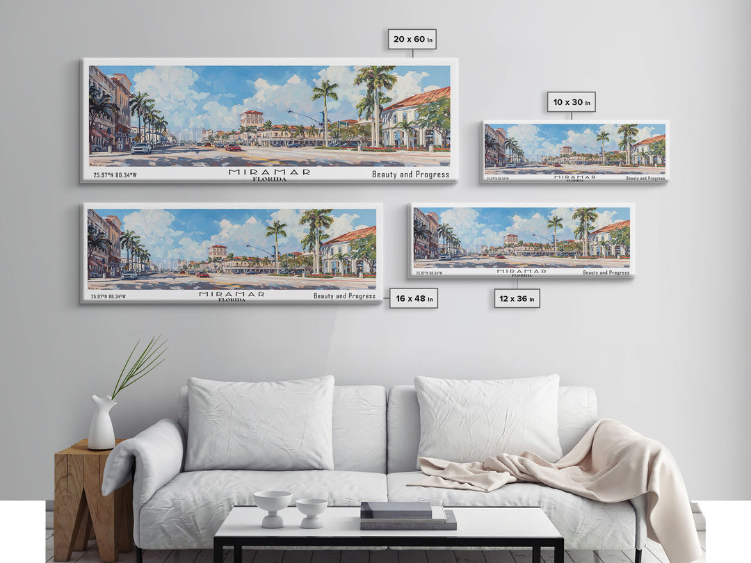 Miramar Florida Panoramic Framed Canvas Print, Beautiful Watercolor Cityscape, Office Wall Art, Travel Poster, Living Room Decor, City Art