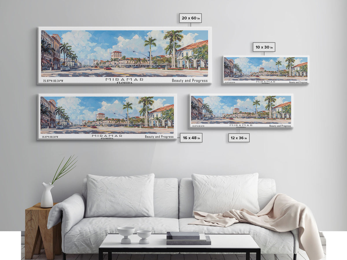 Miramar Florida Panoramic Framed Canvas Print, Beautiful Watercolor Cityscape, Office Wall Art, Travel Poster, Living Room Decor, City Art