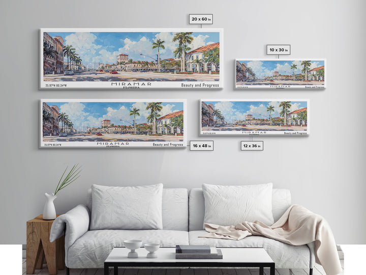 Miramar Florida Panoramic Framed Canvas Print, Beautiful Watercolor Cityscape, Office Wall Art, Travel Poster, Living Room Decor, City Art