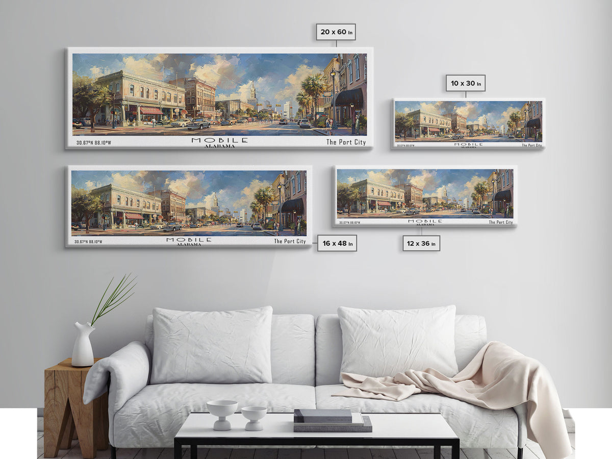Mobile Alabama Panoramic Framed Canvas Print, Stunning Watercolor Painting, Office Wall Art, Travel Poster, Home Decor, City Art
