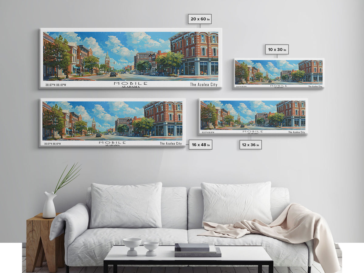 Mobile Alabama Panoramic Framed Canvas Print, Watercolor City Art, Office Wall Decor, Travel Poster, Living Room Decor, City Print