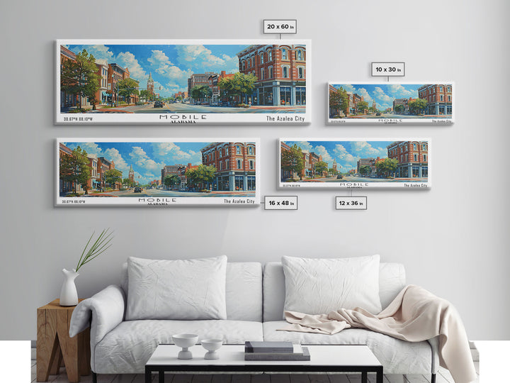 Mobile Alabama Panoramic Framed Canvas Print, Watercolor City Art, Office Wall Decor, Travel Poster, Living Room Decor, City Print
