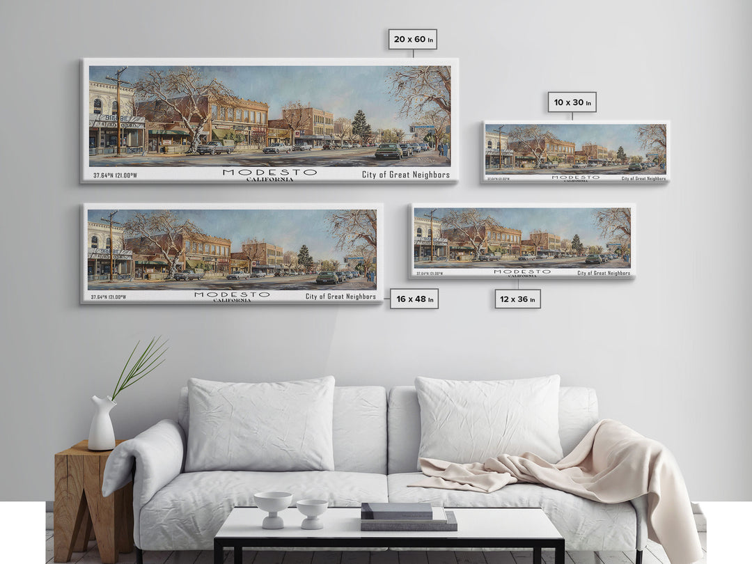 Modesto California Panoramic Framed Canvas Print, Beautiful Watercolor Painting, Office Wall Art, Travel Poster, Living Room Decor, City Art