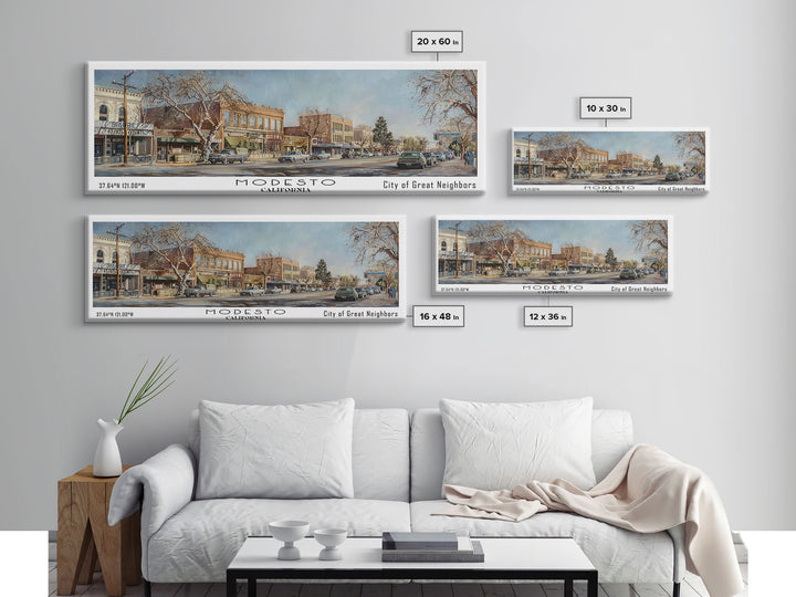 Modesto California Panoramic Framed Canvas Print, Beautiful Watercolor Painting, Office Wall Art, Travel Poster, Living Room Decor, City Art