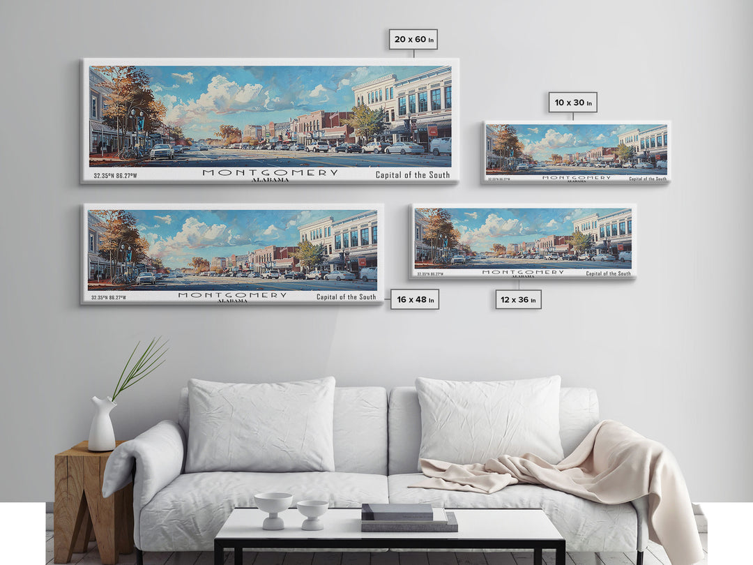 Montgomery Alabama Panoramic Framed Canvas Print, Stunning Watercolor Painting, Office Wall Art, Travel Poster, Home Decor, City Art