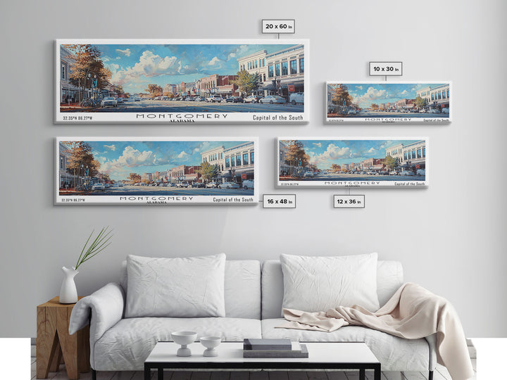 Montgomery Alabama Panoramic Framed Canvas Print, Stunning Watercolor Painting, Office Wall Art, Travel Poster, Home Decor, City Art