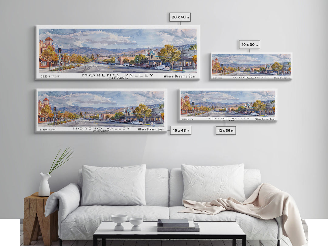Moreno Valley California Panoramic Framed Canvas Print, Watercolor Cityscape, Office Wall Art, Travel Poster, Living Room Decor, City Art
