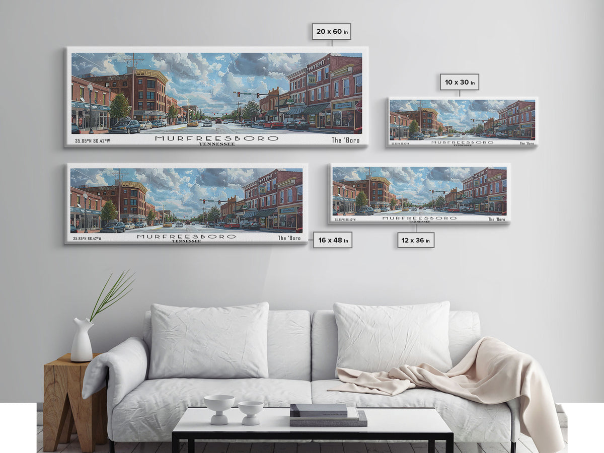 Murfreesboro Tennessee Panoramic Framed Canvas Print, Stunning Watercolor City Art, Office Wall Decor, Travel Poster, Living Room Decor