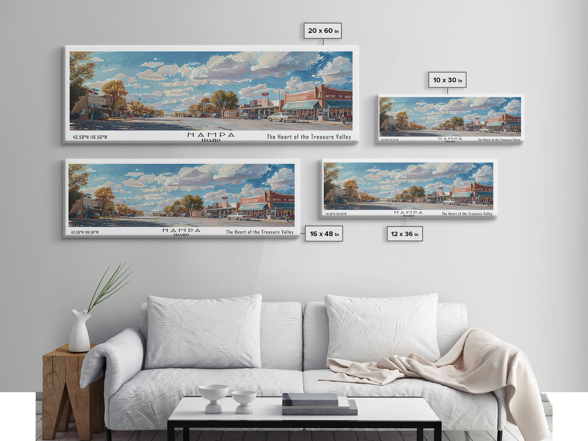 Nampa Idaho Panoramic Framed Canvas Print, Beautiful Watercolor Painting, Office Wall Art, Travel Poster, Home Decor, City Art