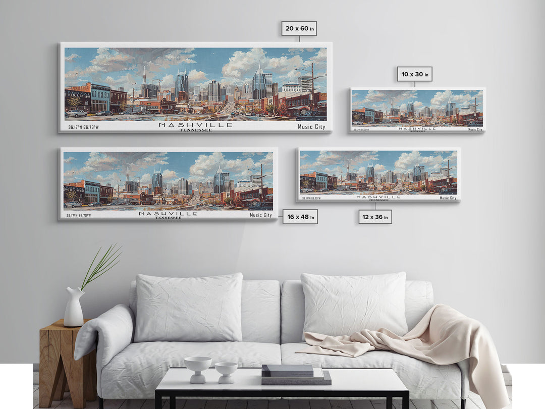 Nashville Tennessee Panoramic Framed Canvas Print, Stunning Watercolor Painting, Office Wall Art, Travel Poster, Home Decor, City Art