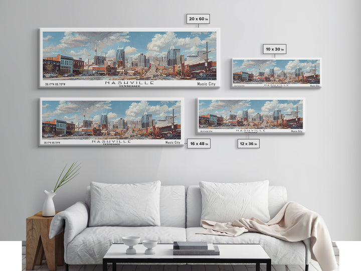 Nashville Tennessee Panoramic Framed Canvas Print, Stunning Watercolor Painting, Office Wall Art, Travel Poster, Home Decor, City Art