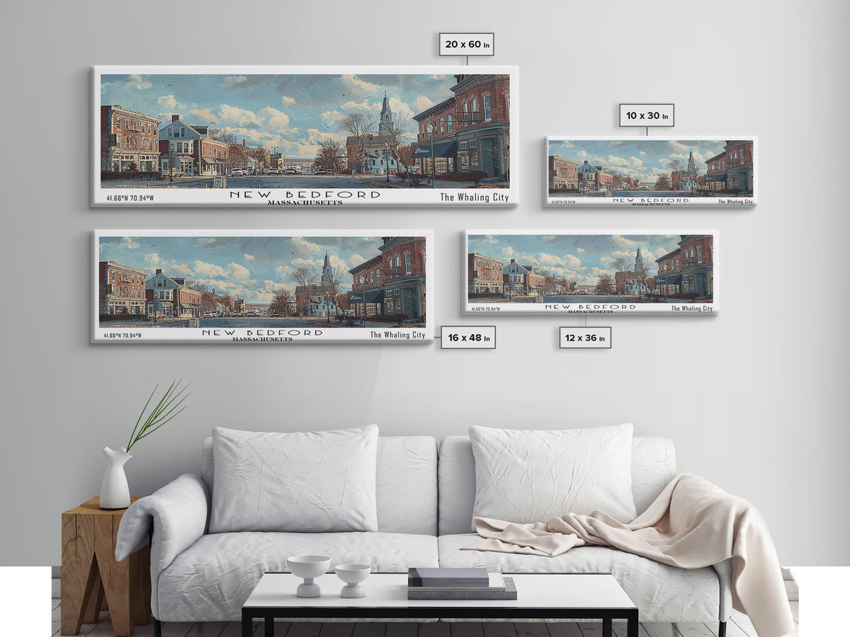 New Bedford Massachusetts Panoramic Framed Canvas Print, Stunning Watercolor Cityscape, Office Wall Art, Travel Poster, Home Decor