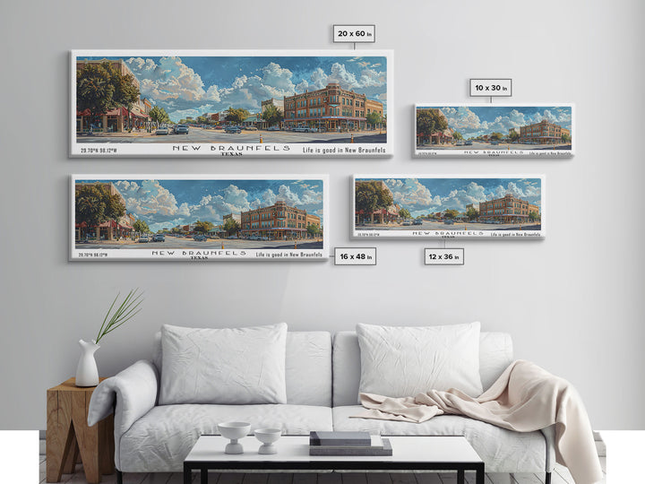 New Braunfels Texas Panoramic Framed Canvas Print, Watercolor City Art, Office Wall Decor, Travel Poster, Living Room Decor