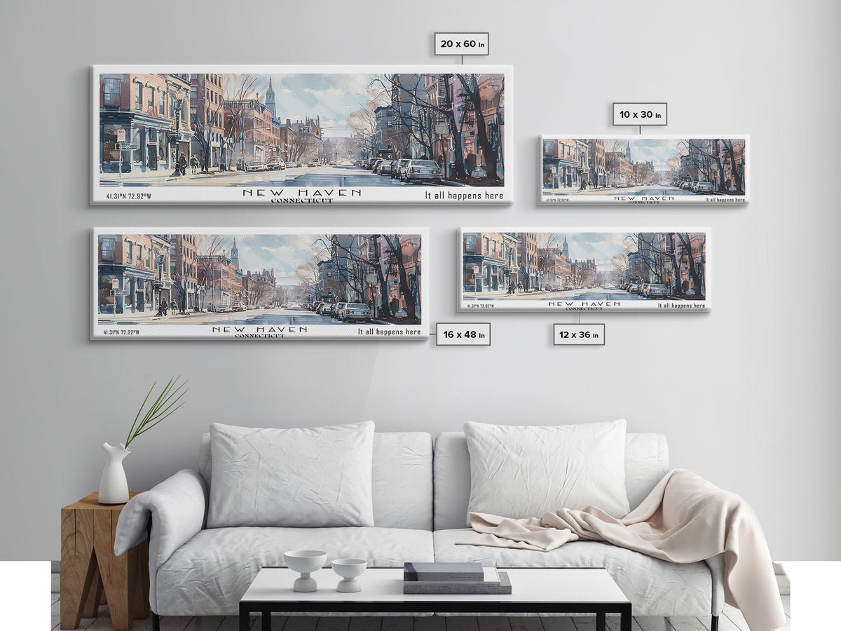 New Haven Connecticut Panoramic Framed Canvas Print, Stunning Watercolor Painting, Office Wall Art, Travel Poster, Home Decor