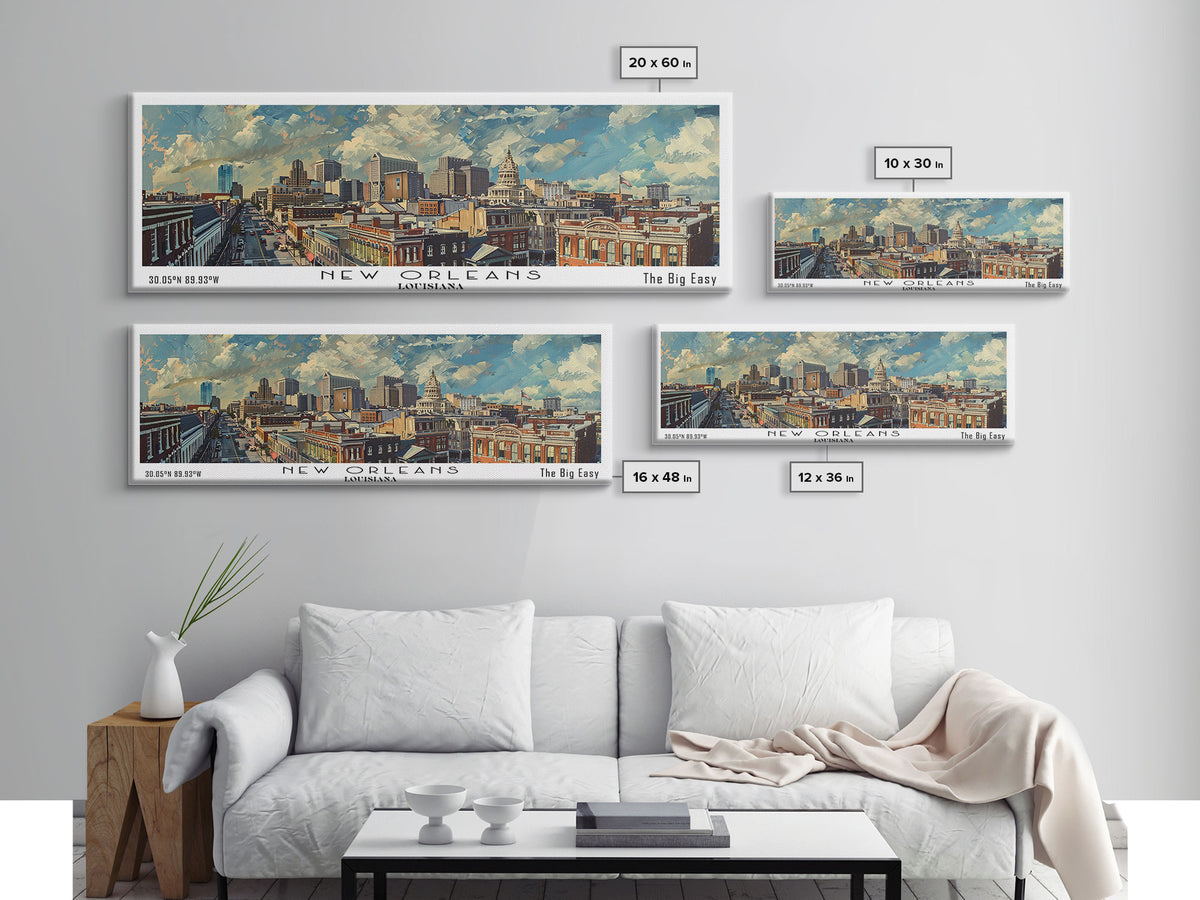 New Orleans Louisiana Panoramic Painting, Framed Canvas Print for Home Decor, Unique Watercolor Art, Travel Poster, Cityscape Gift Idea