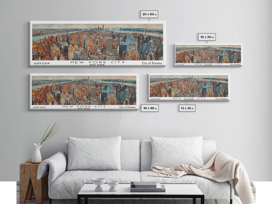 New York New York Panoramic Framed Canvas Print, Watercolor Painting of Cityscape, Home Decor, Travel Poster, Gift Idea for Urban Art Lovers