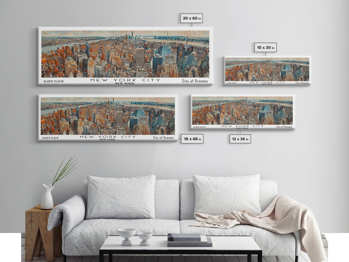 New York New York Panoramic Framed Canvas Print, Watercolor Painting of Cityscape, Home Decor, Travel Poster, Gift Idea for Urban Art Lovers