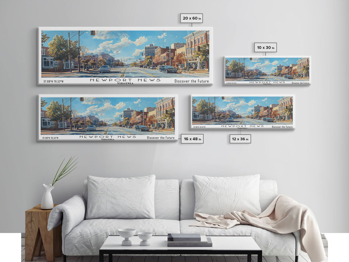 Newport News Virginia Panoramic Wall Art, Framed Canvas Print, Beautiful Cityscape Watercolor Painting, Travel Poster, Modern Home Decor
