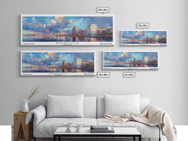 Norfolk Virginia Panoramic Framed Canvas Print, Cityscape Watercolor Painting, Modern Wall Art for Home Decor, Travel Poster, Urban Gift Idea