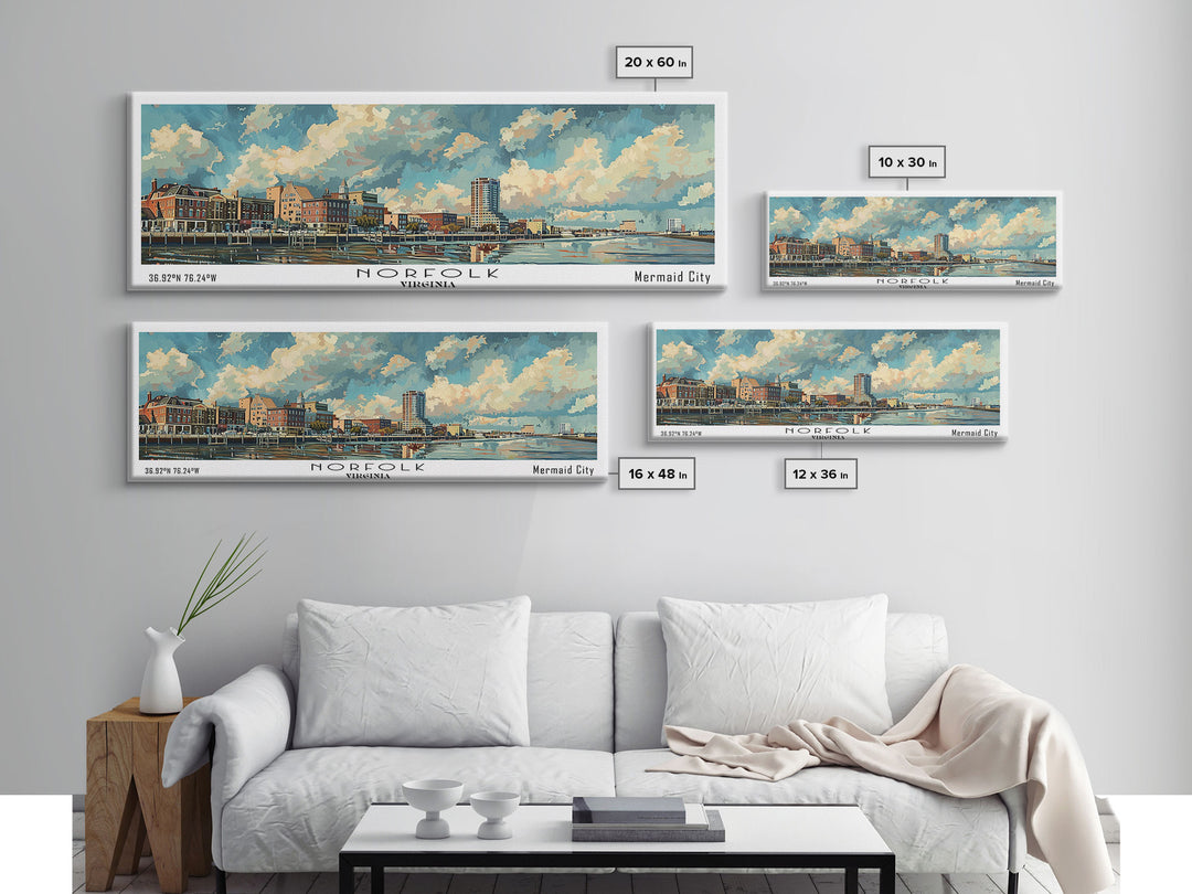 Norfolk Virginia Panoramic Painting, Framed Canvas Print for Office Wall Art, Watercolor Cityscape, Travel Poster, Beautiful Home Decor