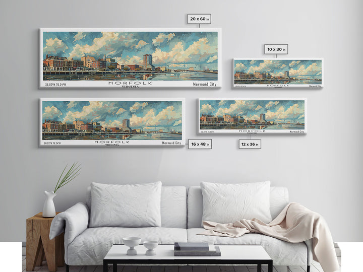 Norfolk Virginia Panoramic Painting, Framed Canvas Print for Office Wall Art, Watercolor Cityscape, Travel Poster, Beautiful Home Decor