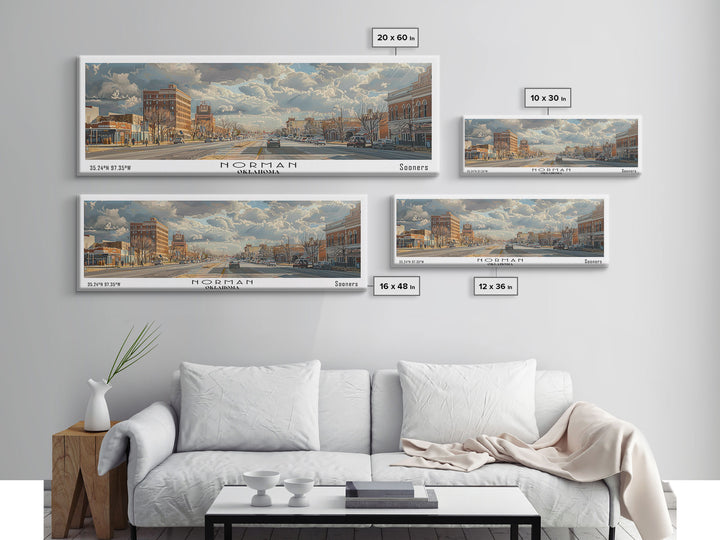 Norman Oklahoma Panoramic Framed Canvas Print, Cityscape Watercolor Painting, Travel Poster for Home Decor, Modern Wall Art, Unique Gift Idea