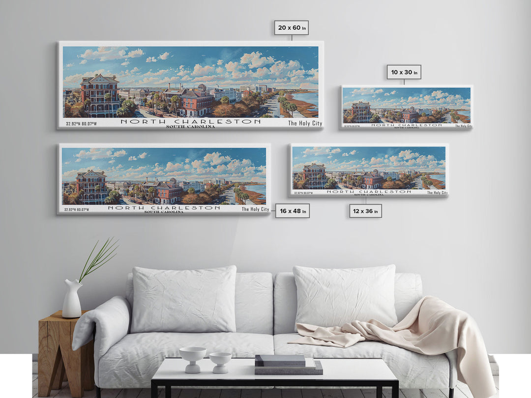North Charleston South Carolina Panoramic Painting, Framed Canvas Print, Watercolor Cityscape Art, Travel Poster for Living Room, Home Decor